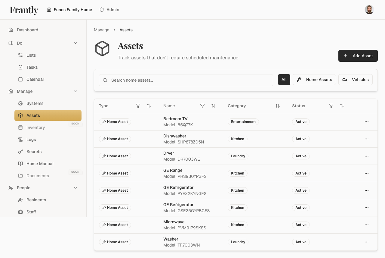 Assets page showing all assets organized by category
