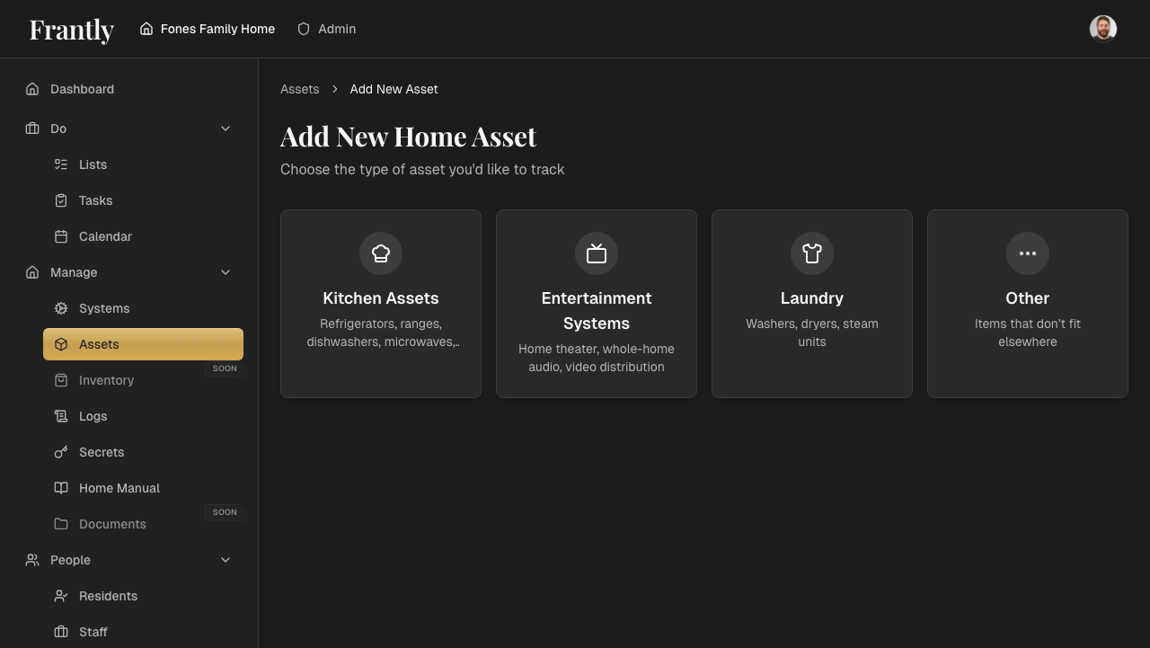 New asset form showing name, category, location, and details fields