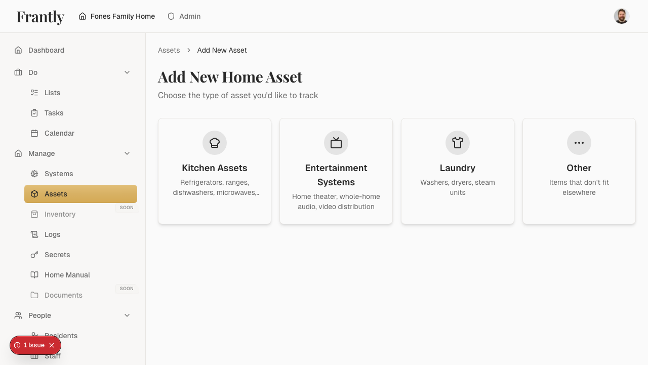 New asset form showing name, category, location, and details fields