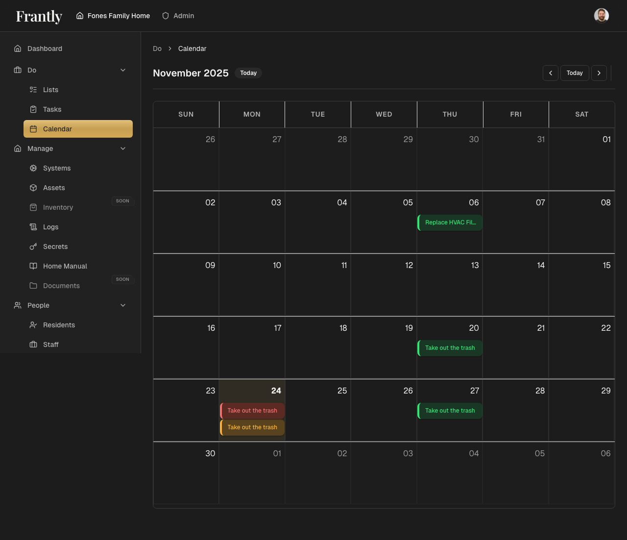Calendar view showing tasks, maintenance, and events in monthly view
