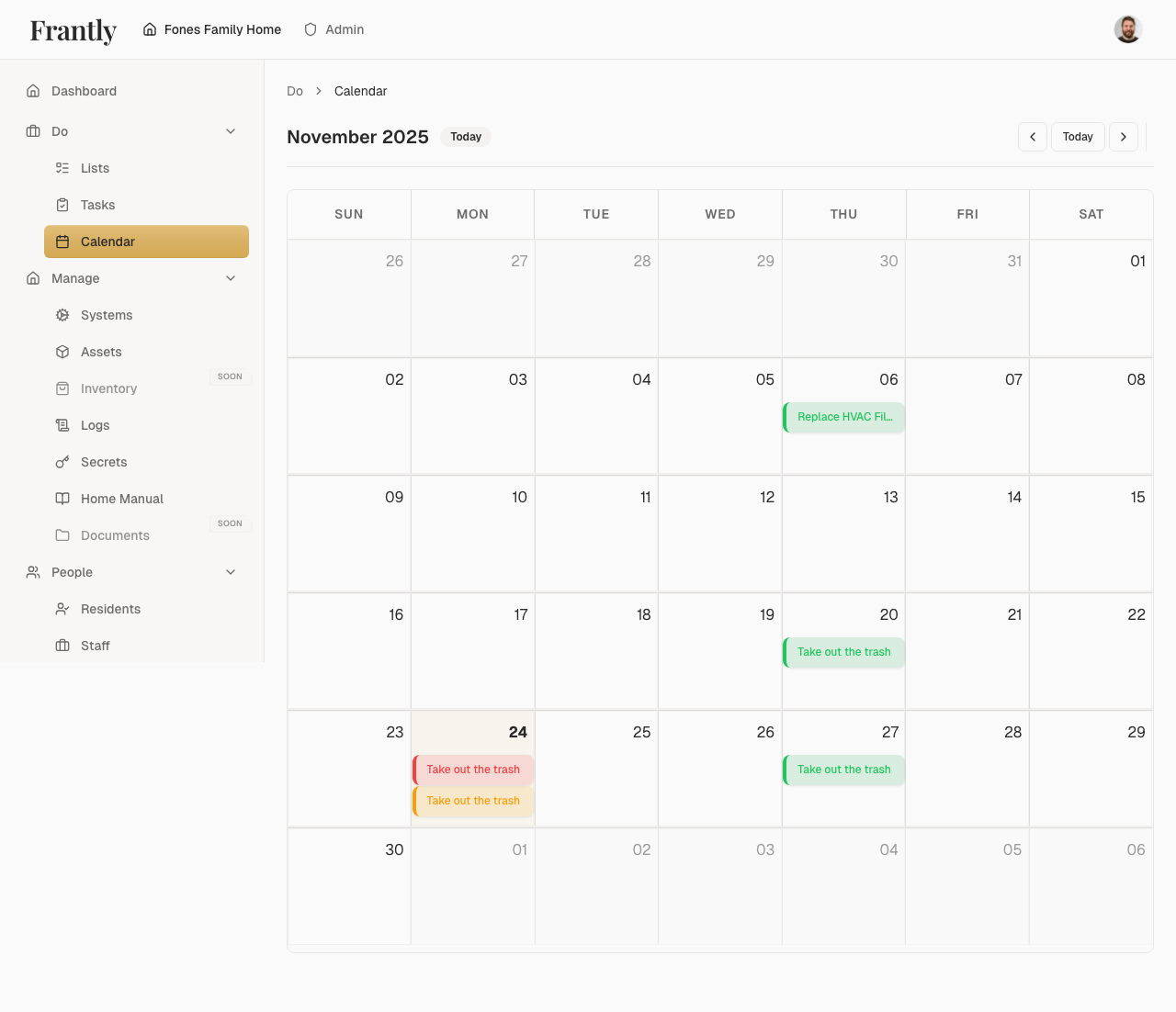 Calendar view showing tasks, maintenance, and events in monthly view