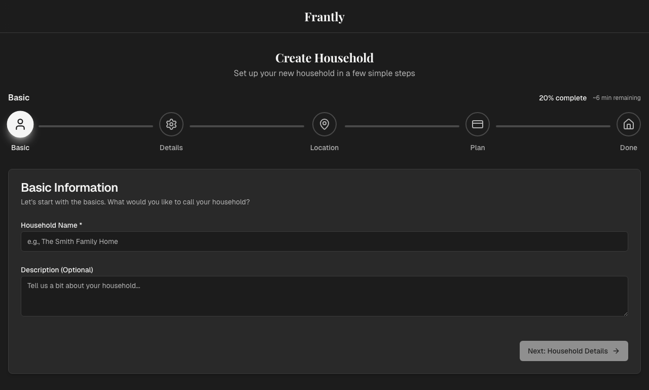 Basic household information form with name and description fields