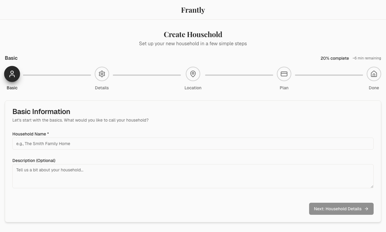 Basic household information form with name and description fields
