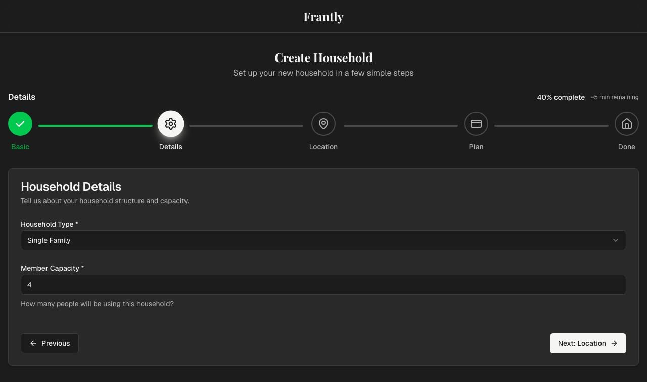 Household details form with type and capacity selection
