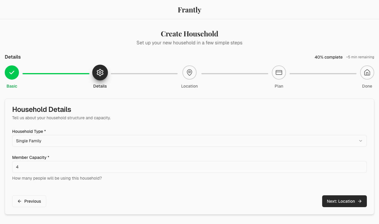 Household details form with type and capacity selection