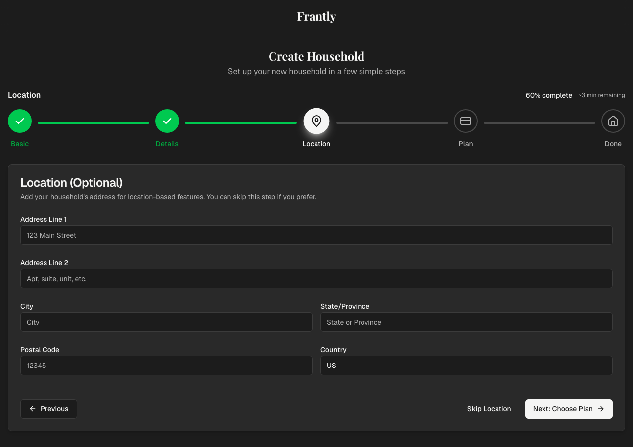 Location form with address fields (optional step)