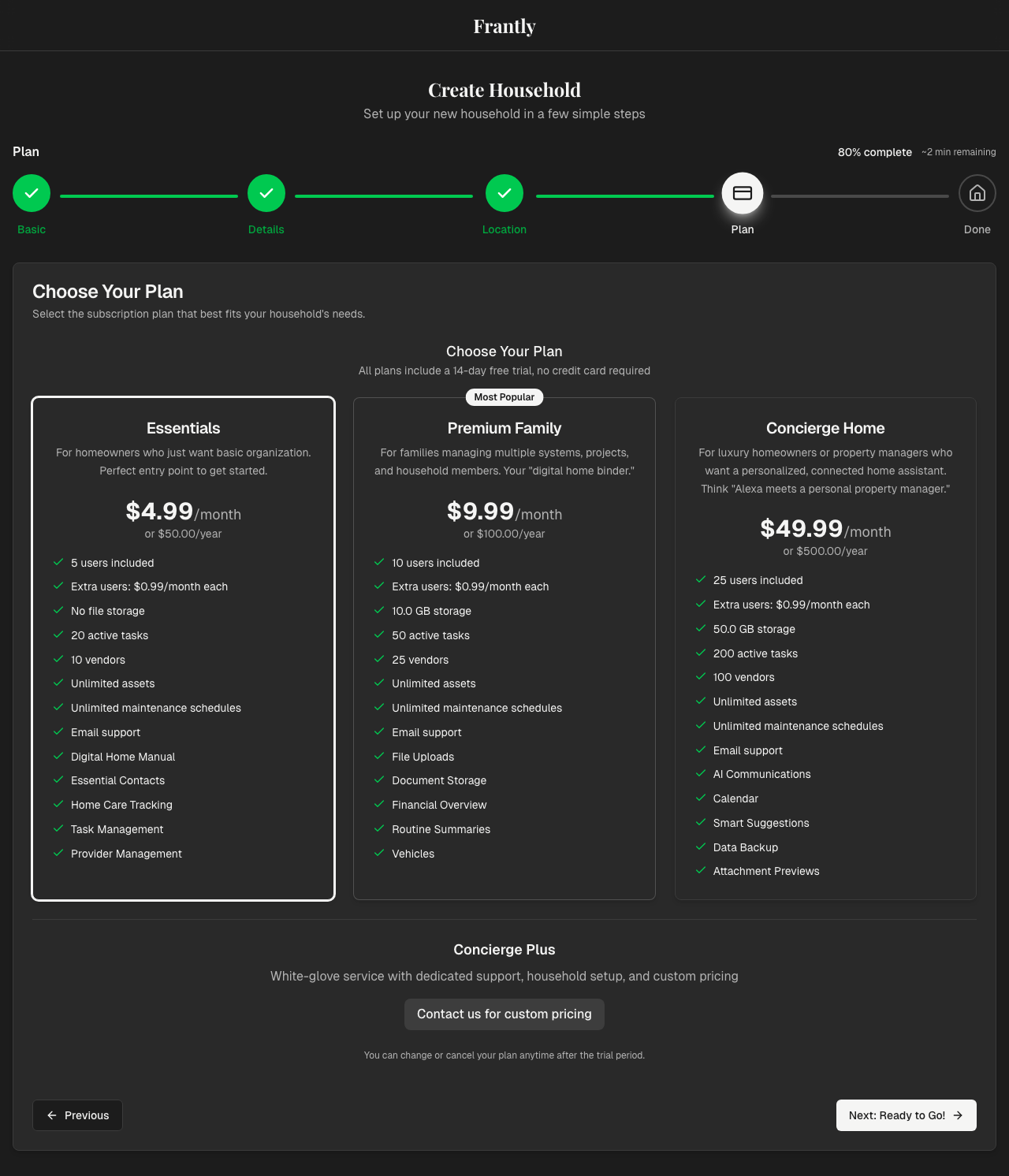 Plan selection screen showing Essentials, Premium, Concierge, and Concierge Plus options