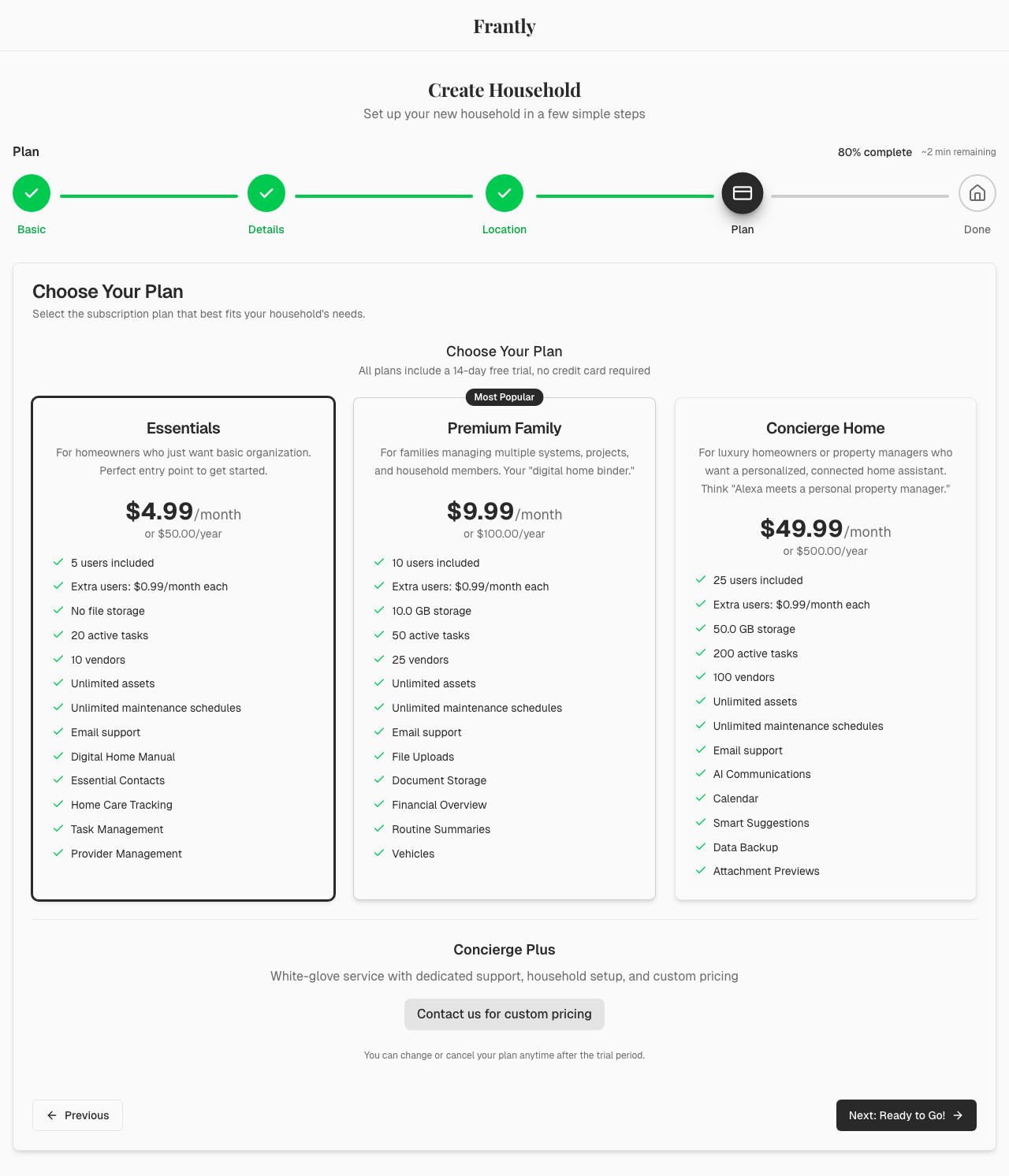 Plan selection screen showing Essentials, Premium, Concierge, and Concierge Plus options