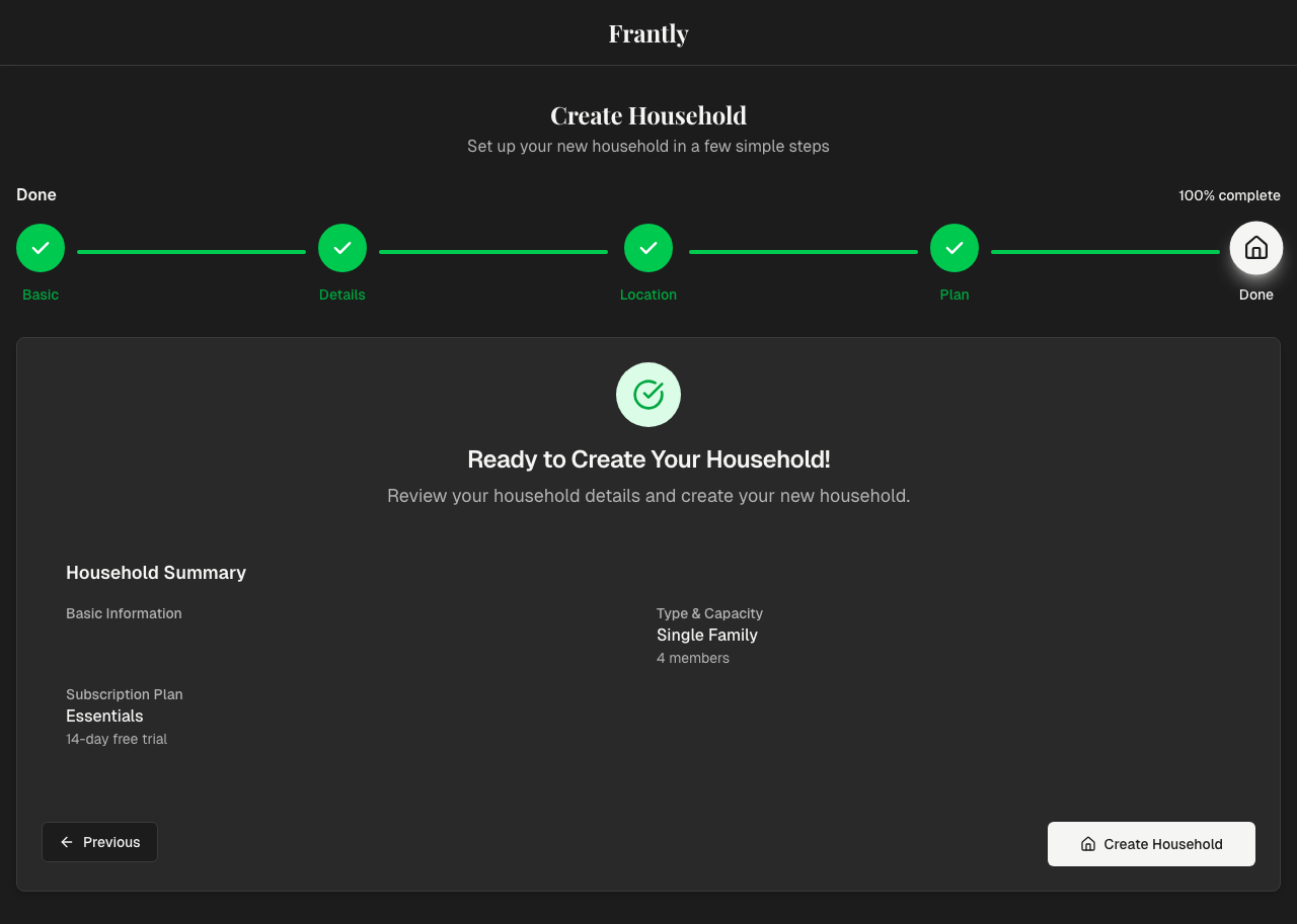 Review and create screen showing summary of household information