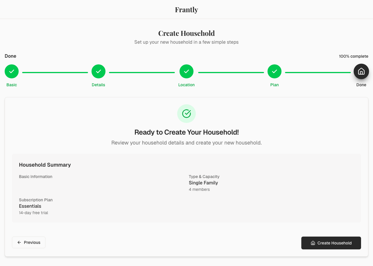 Review and create screen showing summary of household information