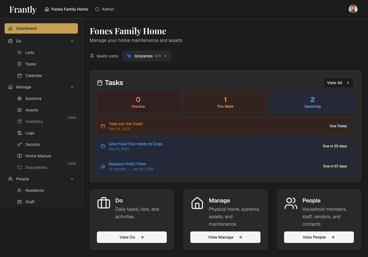 New household dashboard showing overview cards and quick actions