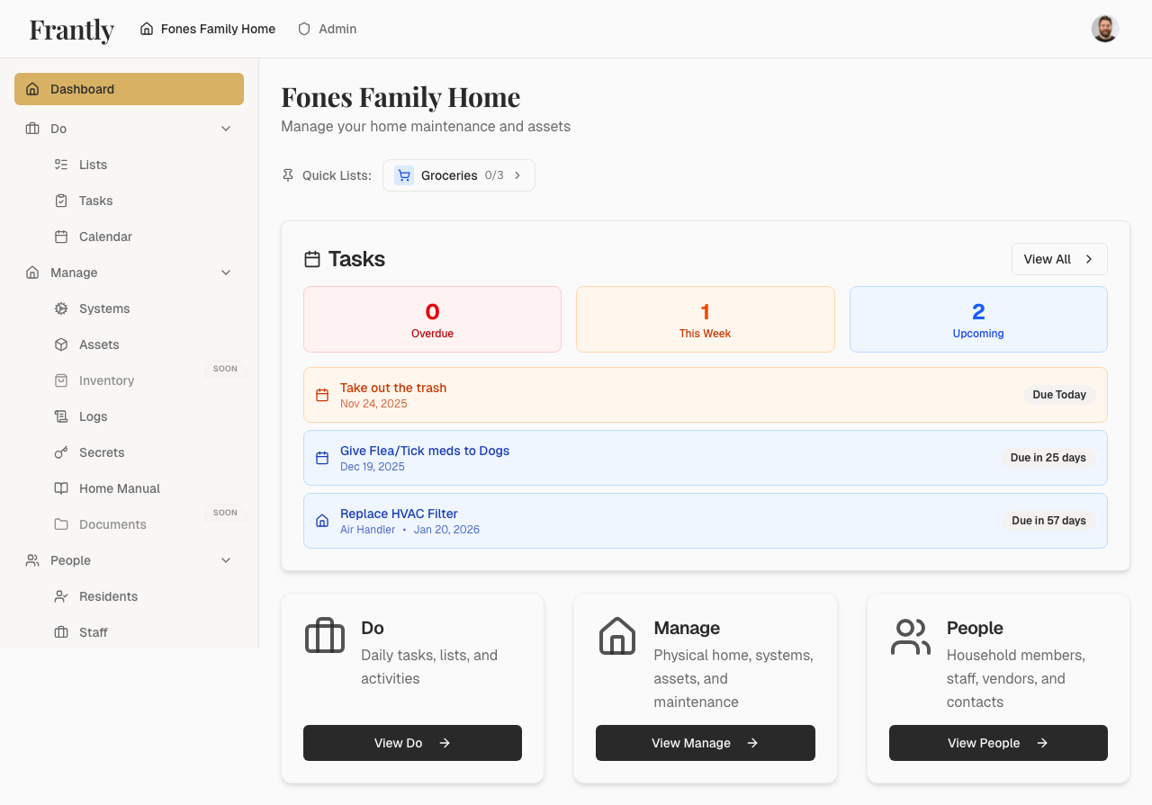 New household dashboard showing overview cards and quick actions
