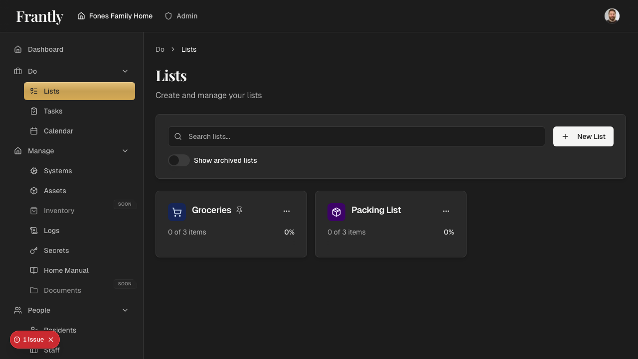 Lists page showing all household lists