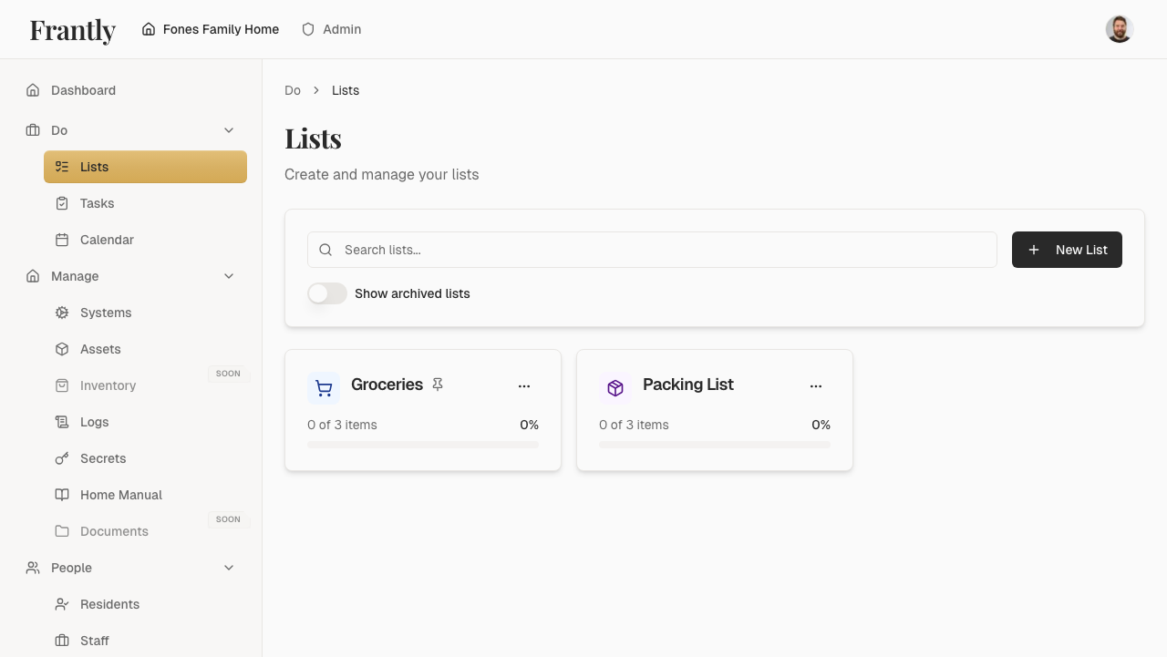 Lists page showing all household lists