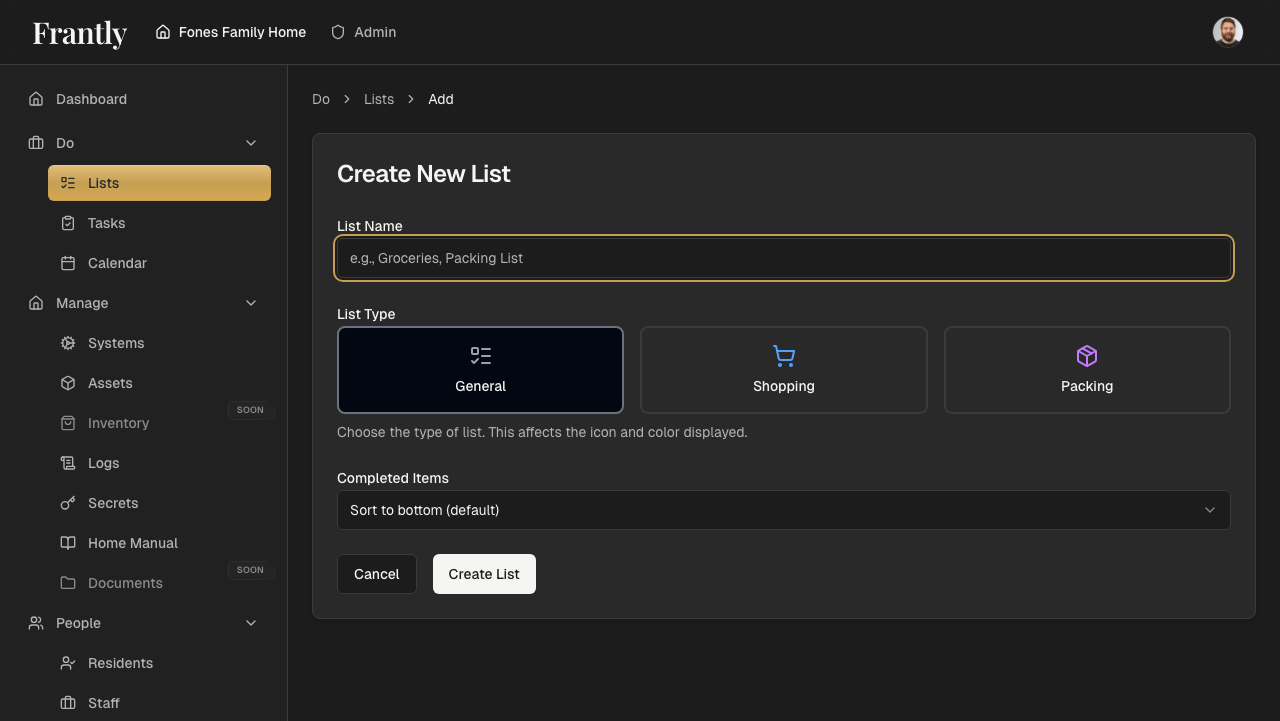 New list form showing name, description, and item fields