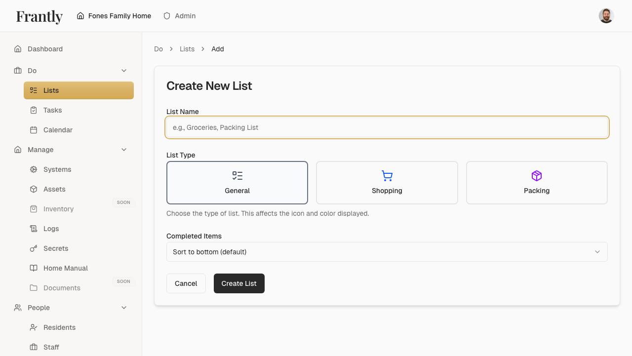 New list form showing name, description, and item fields