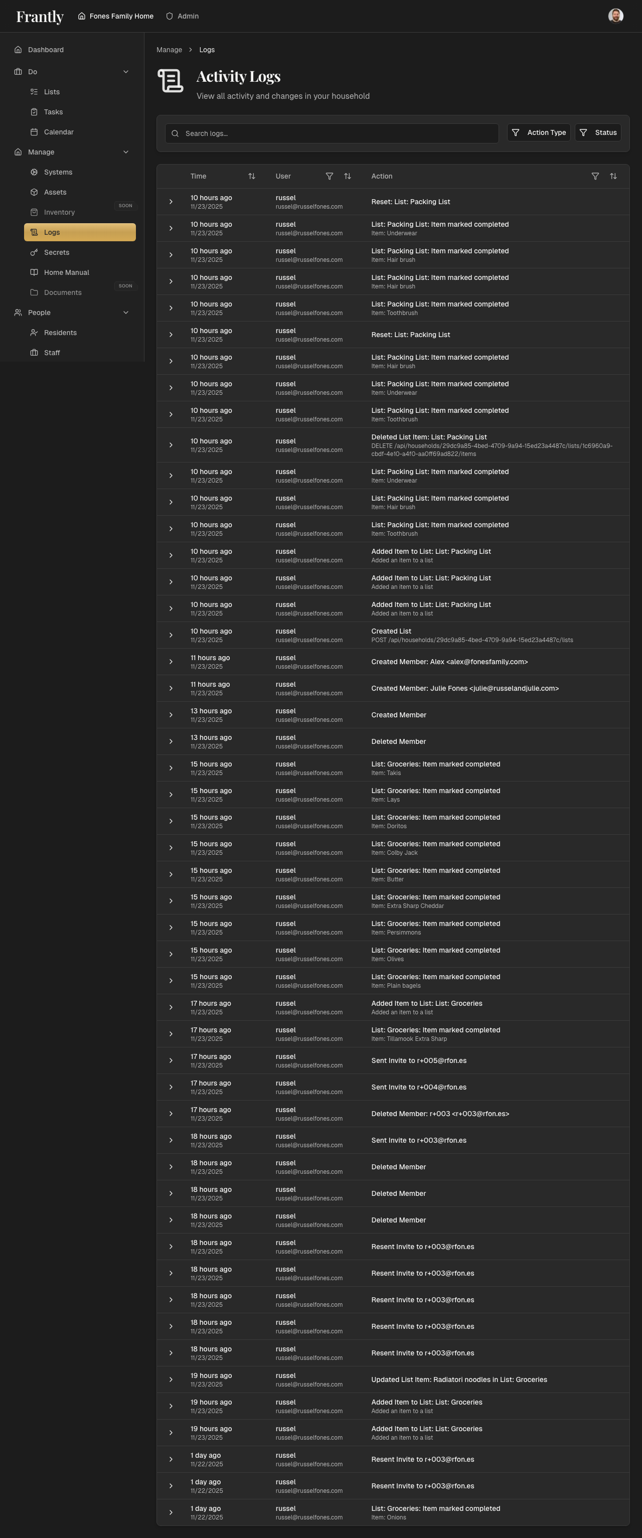 Activity logs page showing household activity and changes