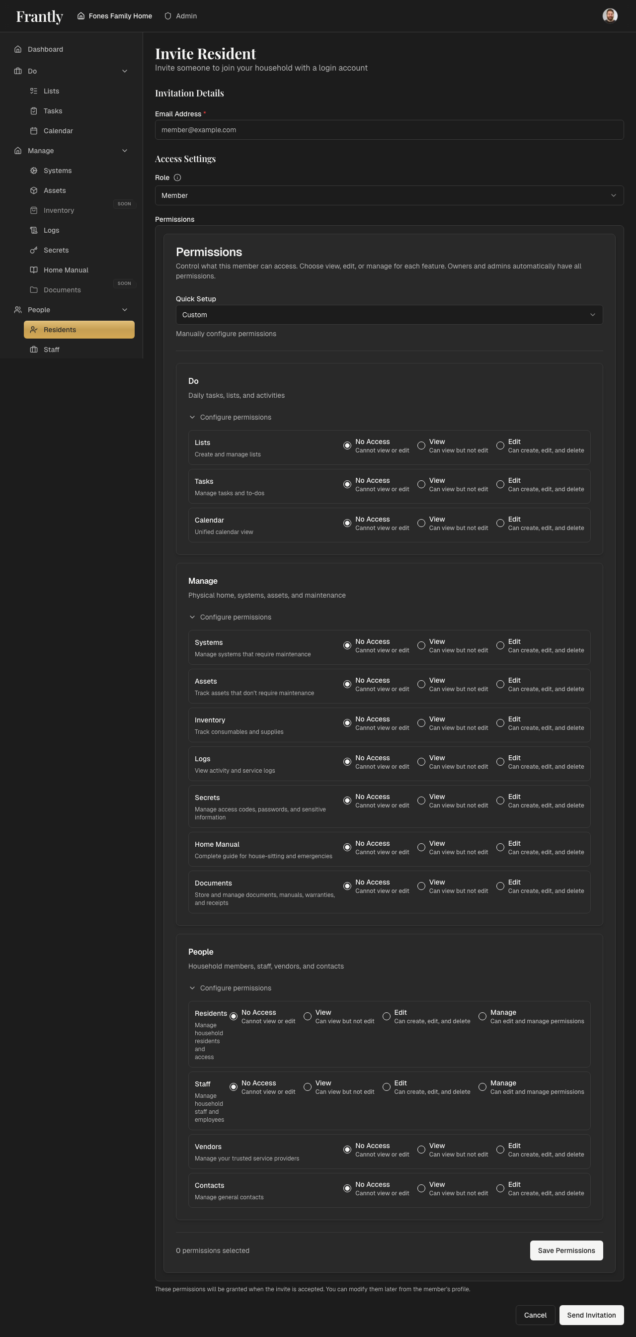 Permission presets selection showing View Only, Editor, Admin, and Custom options