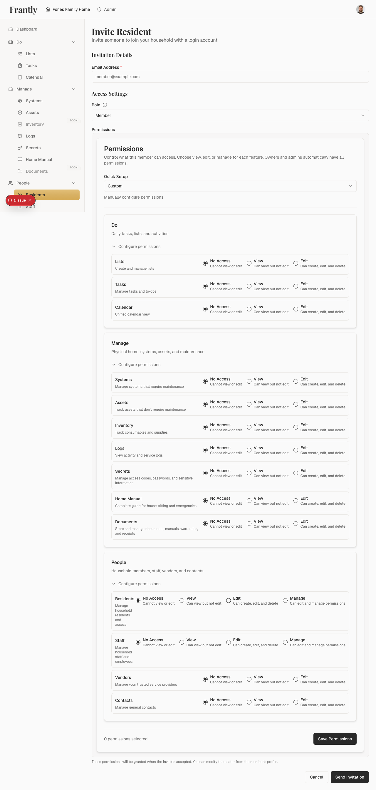 Permission presets selection showing View Only, Editor, Admin, and Custom options