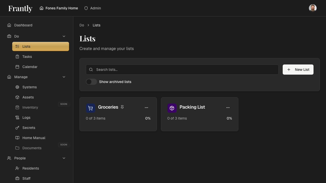 Lists page showing shopping lists