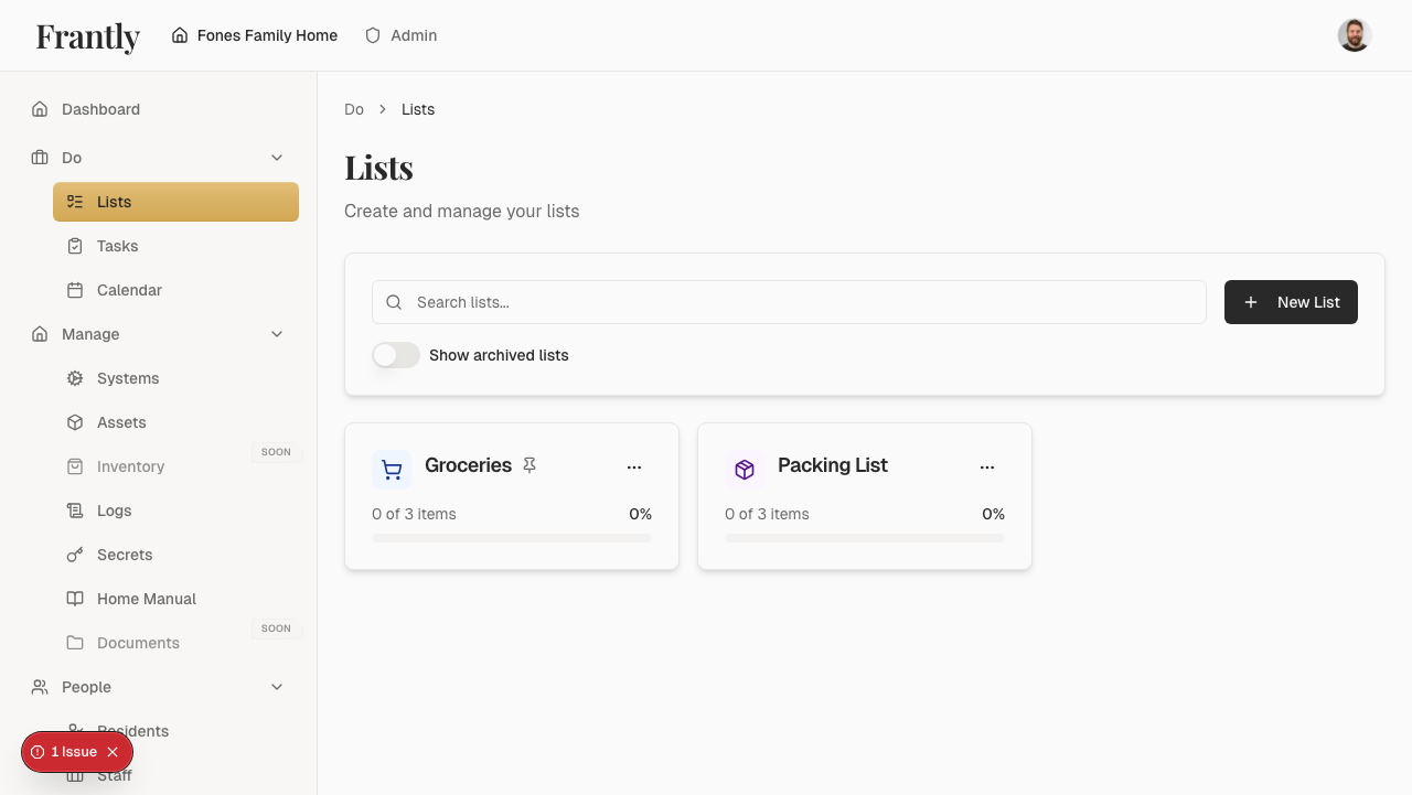 Lists page showing shopping lists