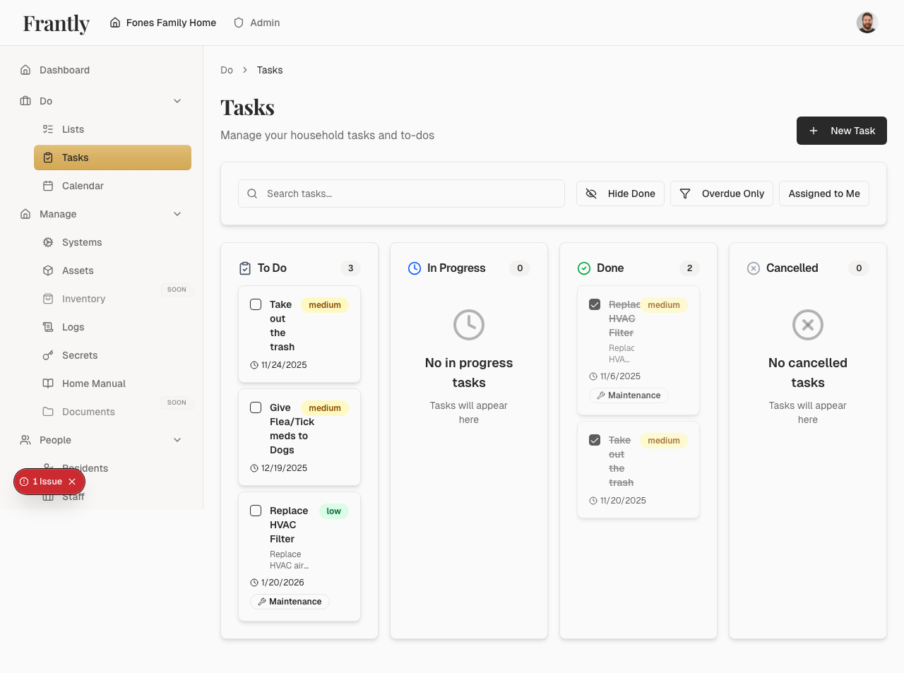 Tasks page showing household tasks