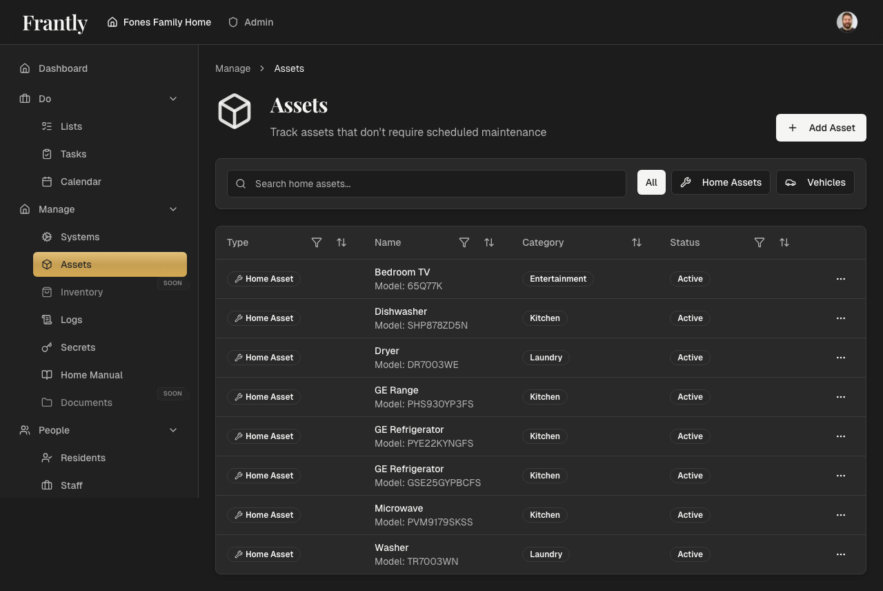 Assets page showing appliances and equipment