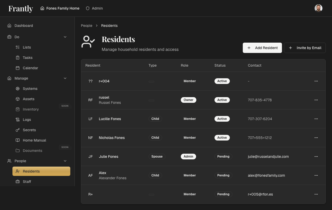 Residents page showing all household members with their roles
