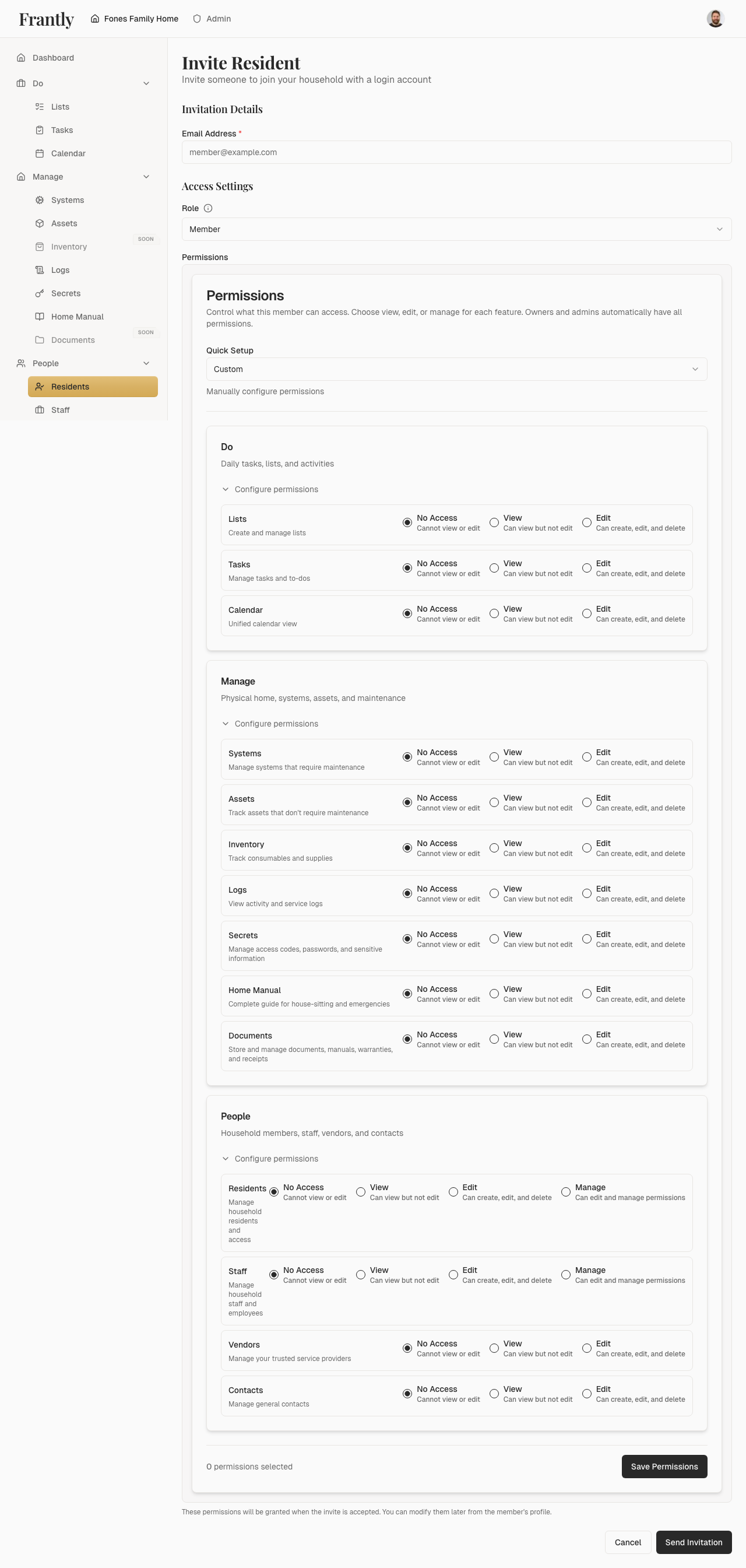 Invite resident form with email, role selection, and permissions