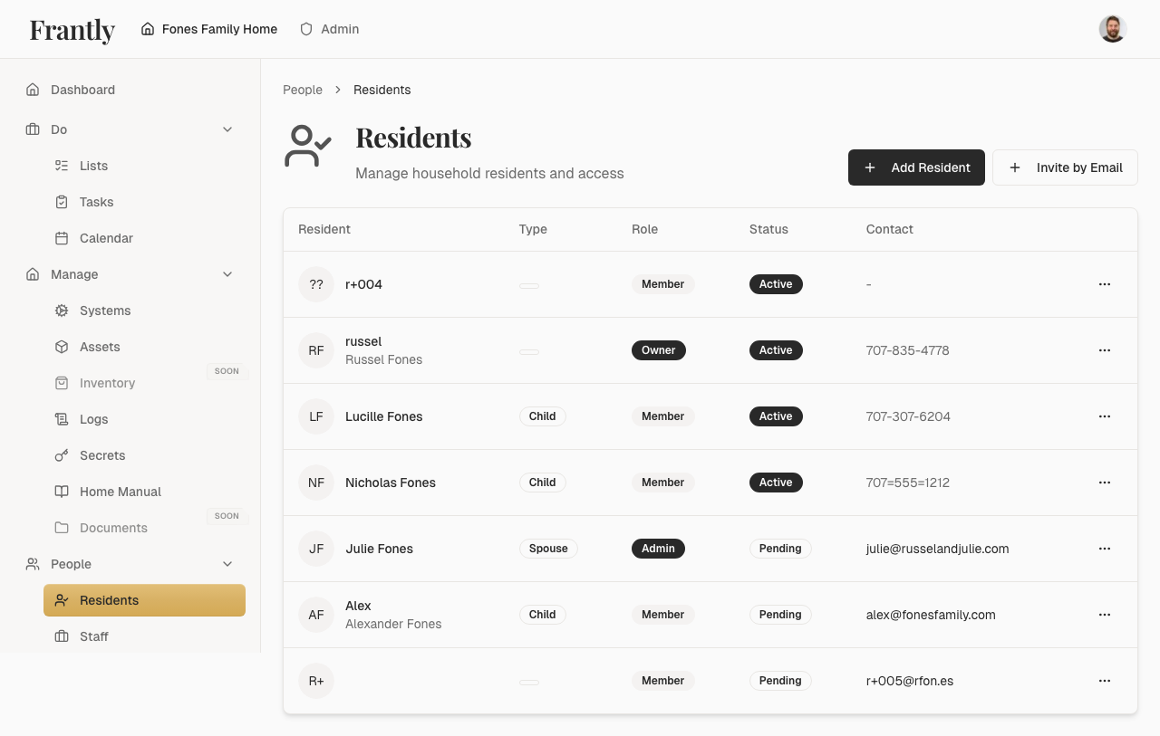 Residents page showing all household members with their roles
