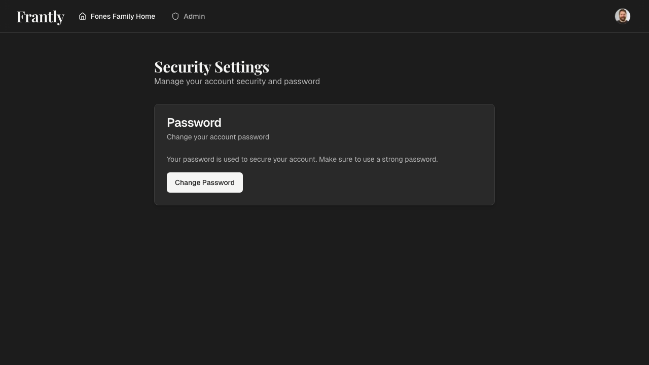 Security settings page showing password and authentication options