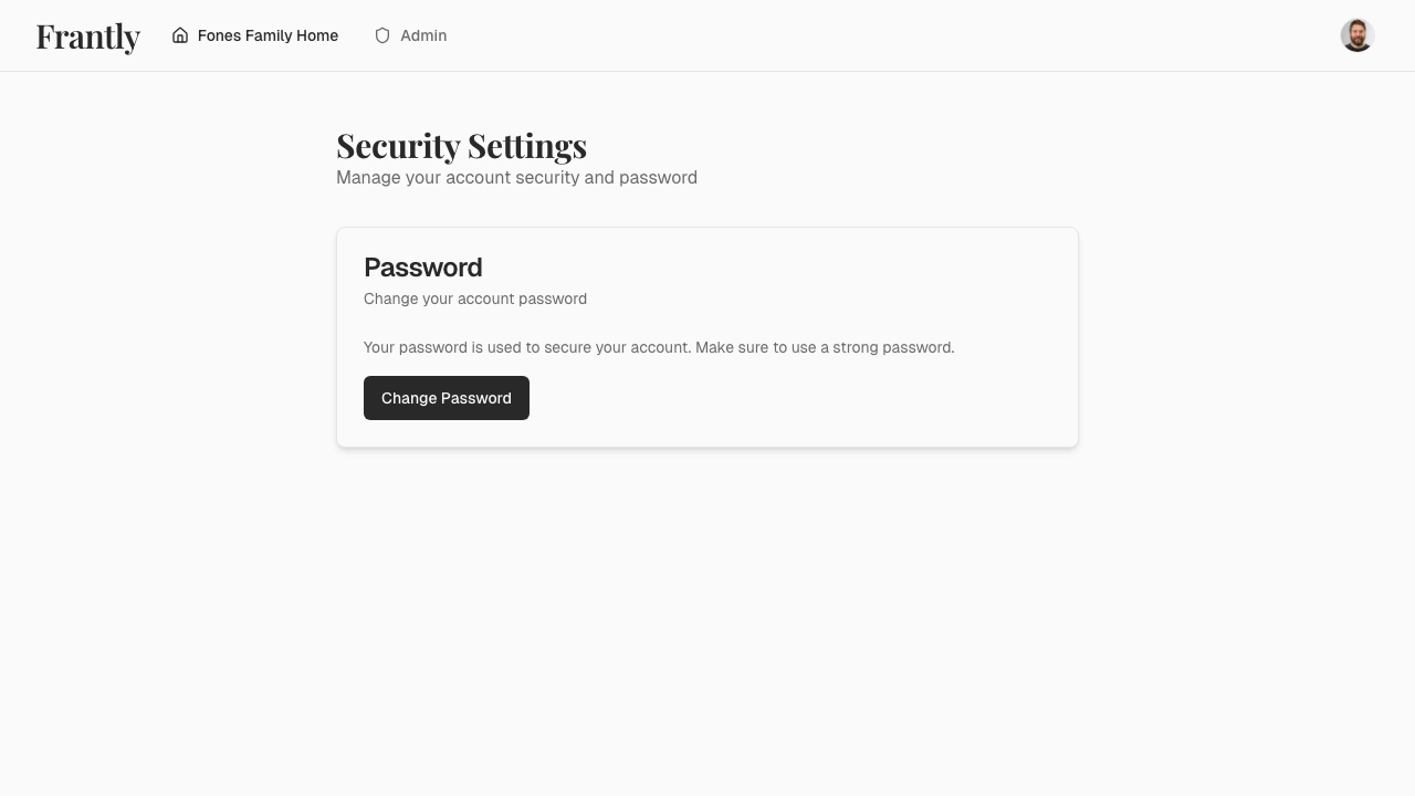 Security settings page showing password and authentication options