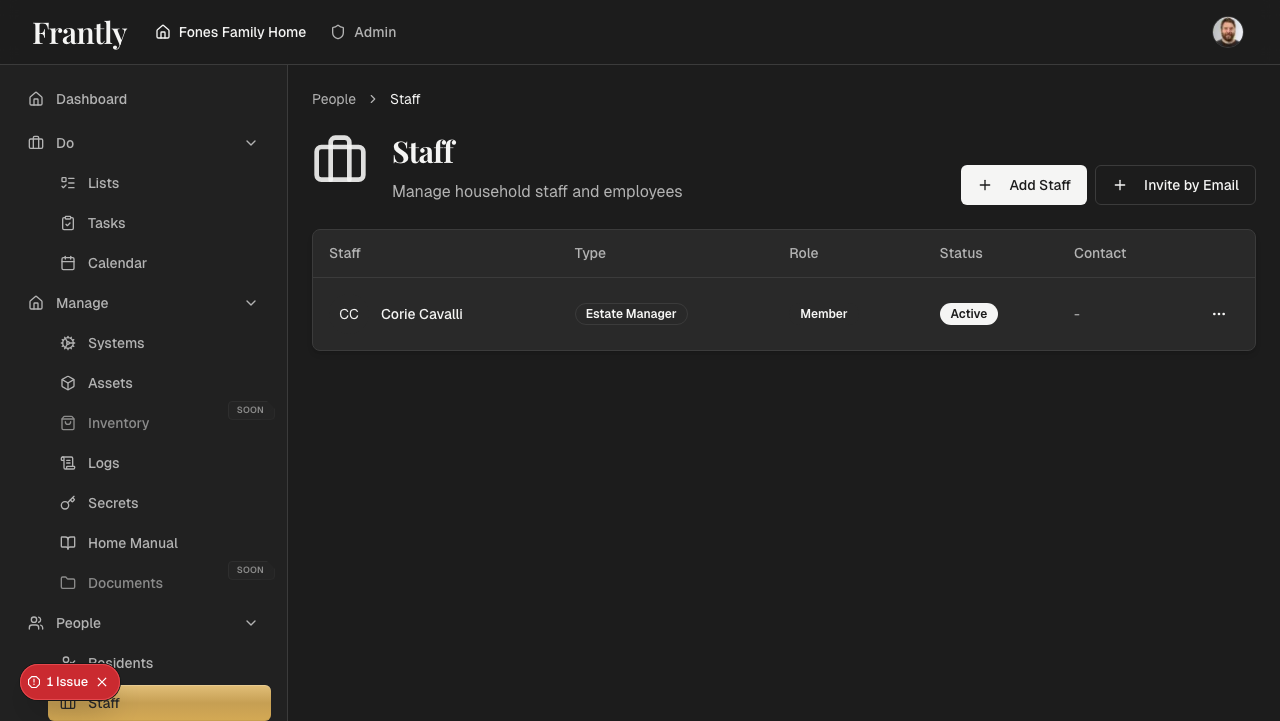 Staff page showing all household employees