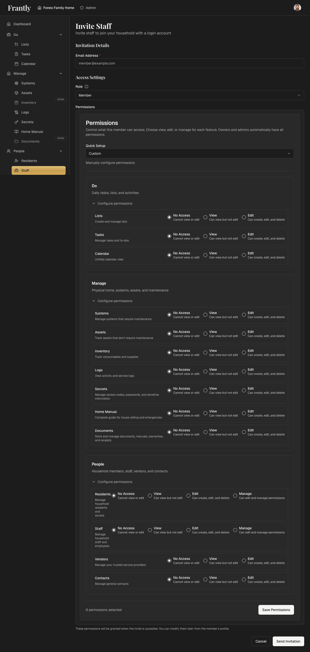 Invite staff form with email, role selection, and permissions