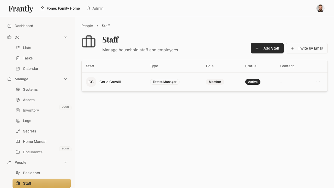 Staff page showing all household employees