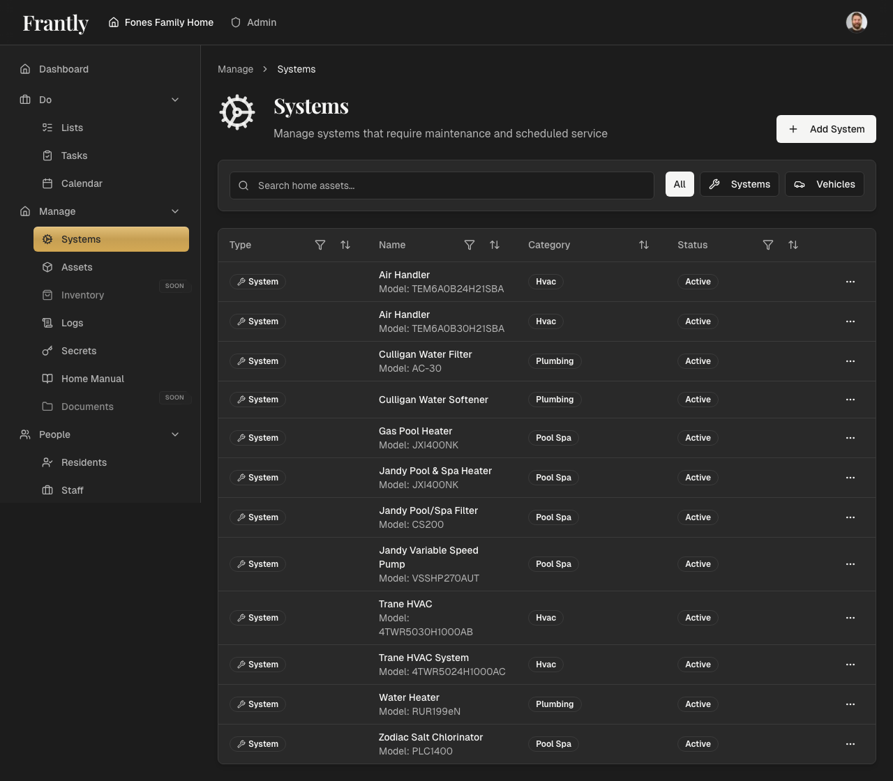 Systems page showing all systems organized by category