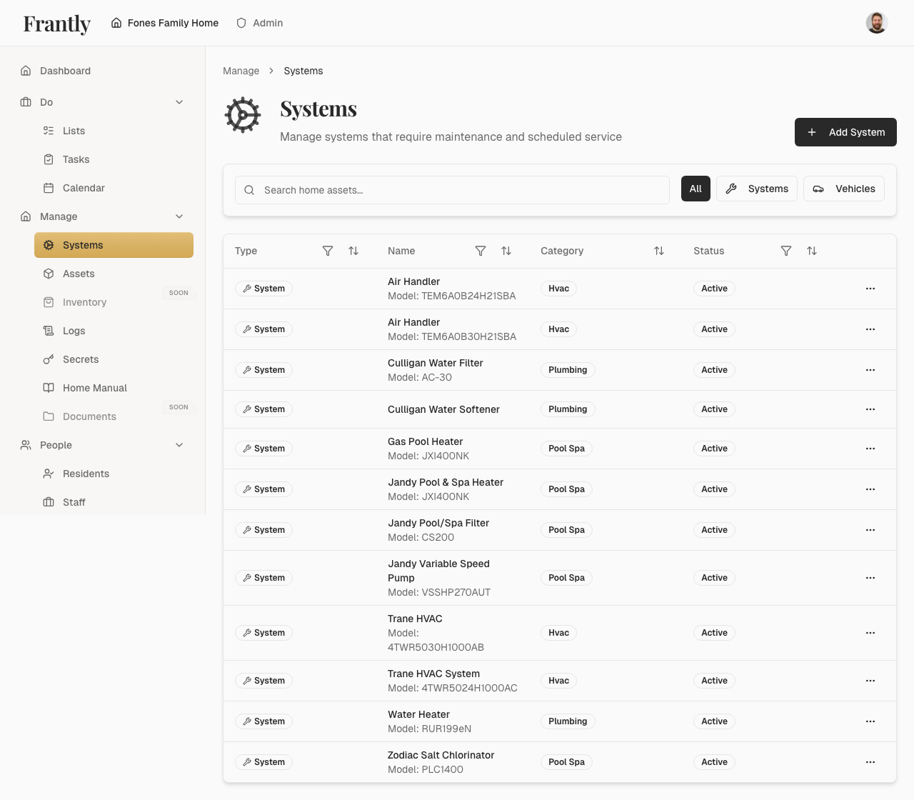 Systems page showing all systems organized by category