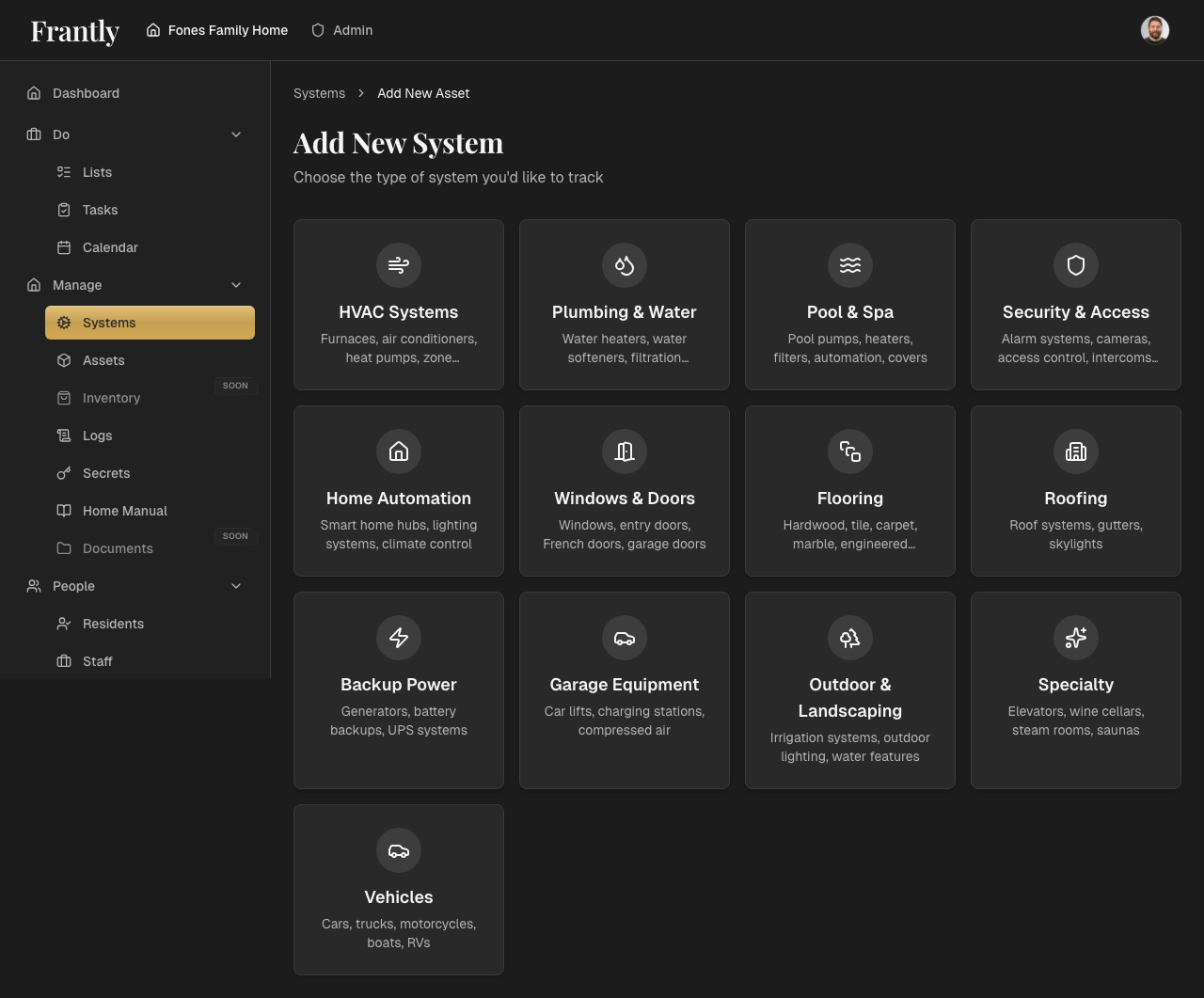 New system form showing name, category, location, and details fields