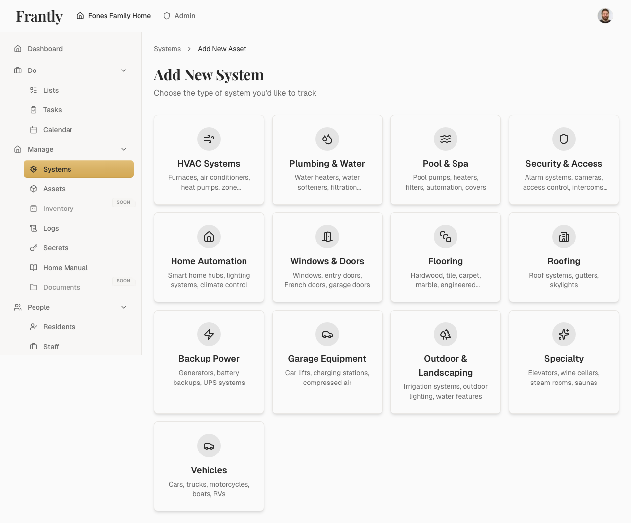 New system form showing name, category, location, and details fields