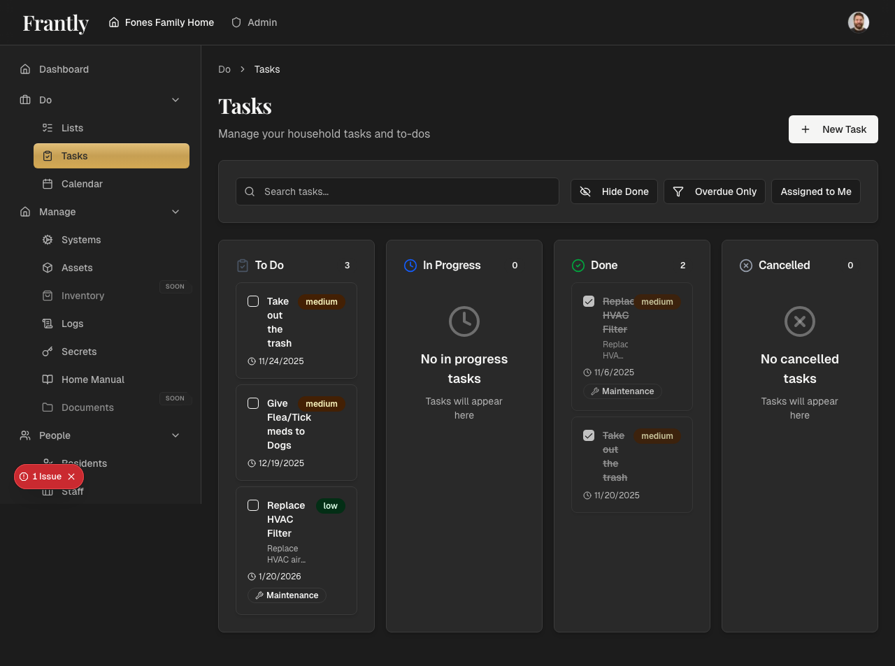 Tasks page showing all household tasks with filters and status