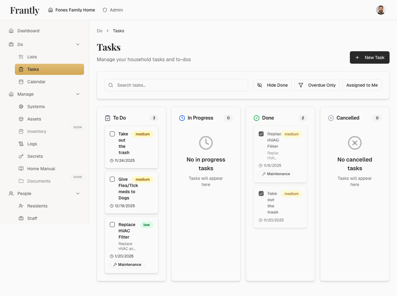 Tasks page showing all household tasks with filters and status
