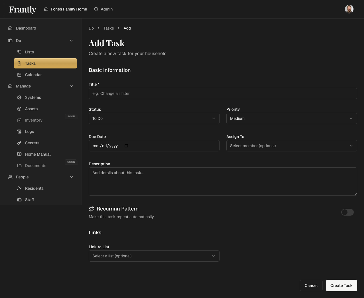 New task form showing title, description, due date, priority, and assignment fields