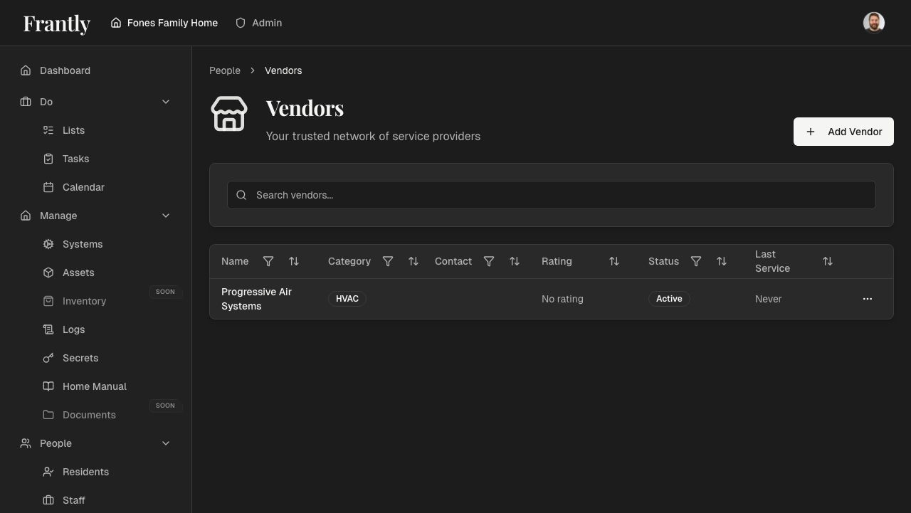 Vendors page showing all service providers with ratings and service history
