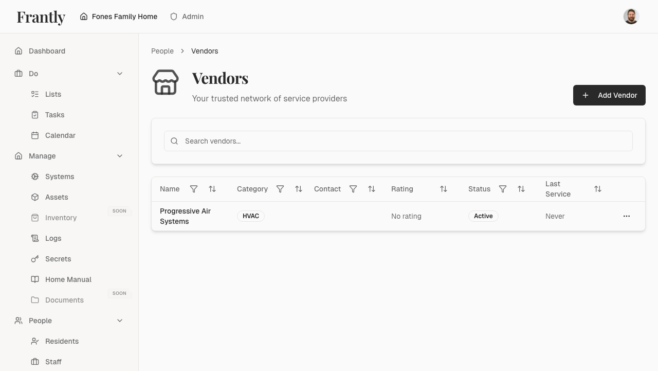 Vendors page showing all service providers with ratings and service history