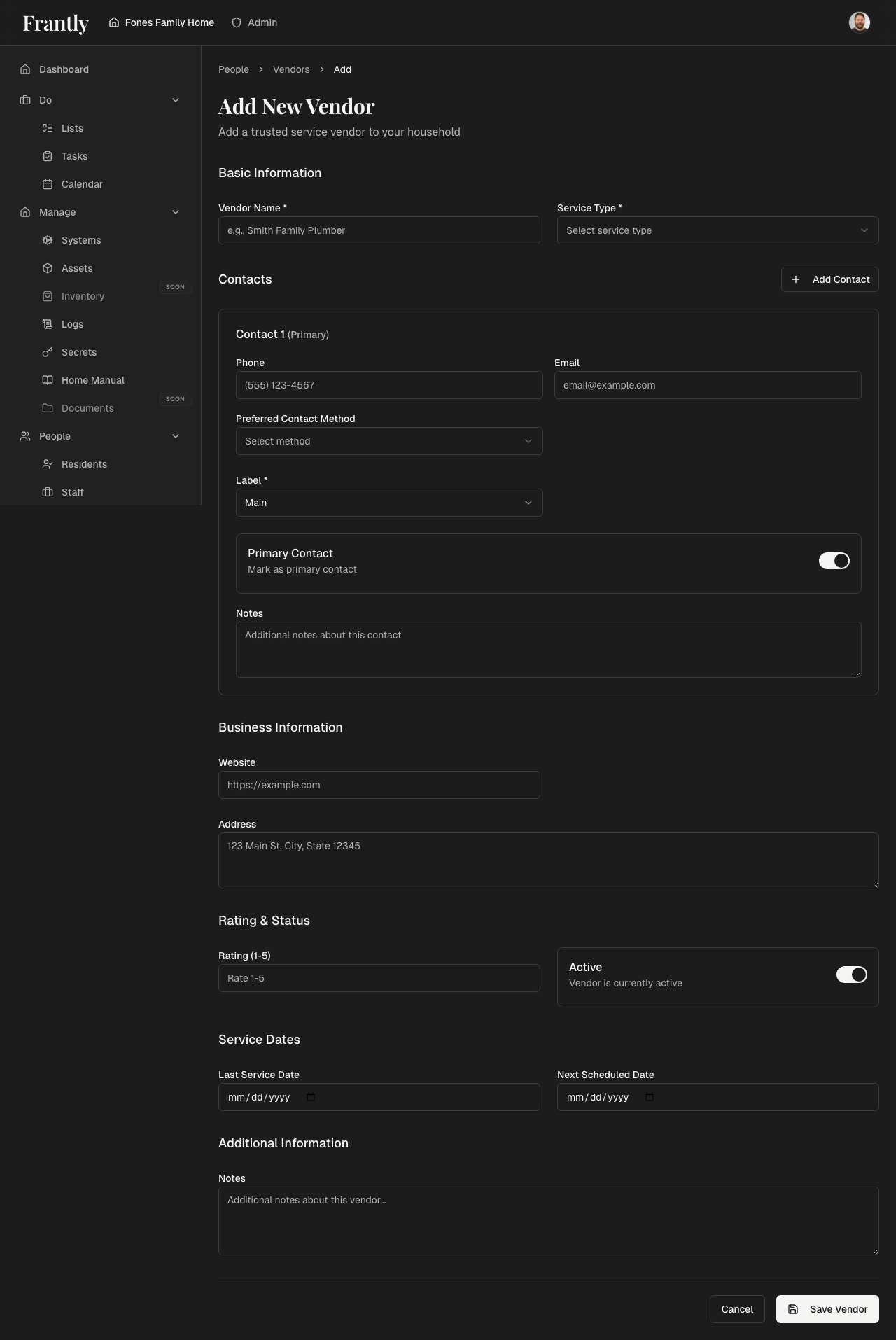 New vendor form showing company name, contact information, and service types