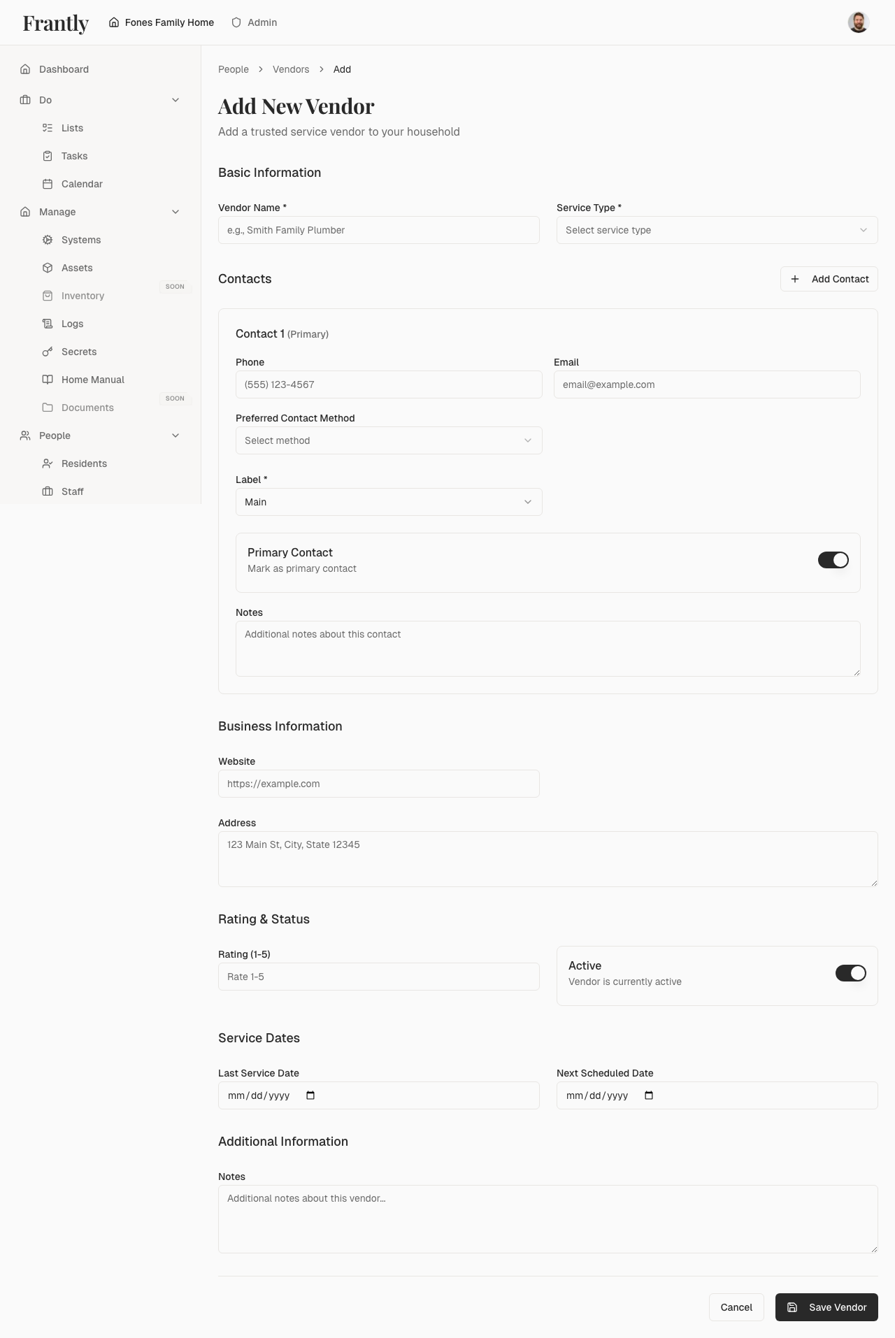 New vendor form showing company name, contact information, and service types