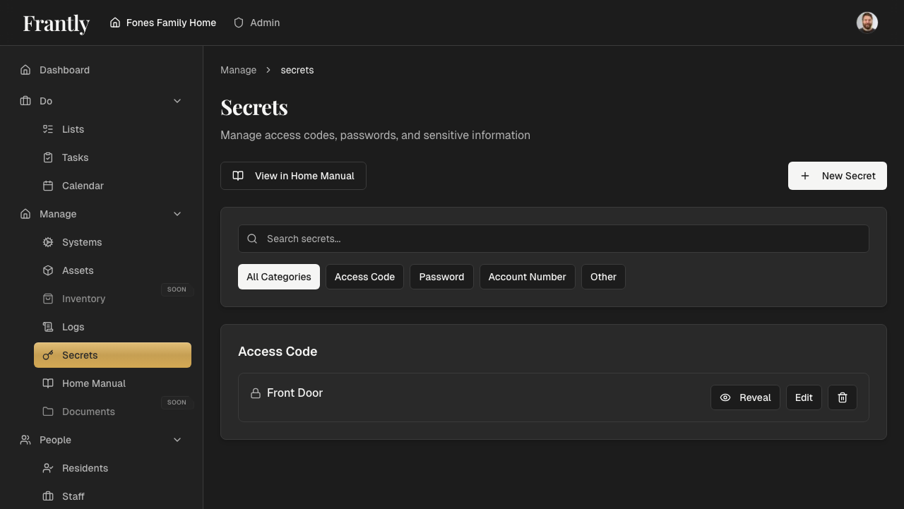 Secrets list page showing encrypted secrets with categories and tags