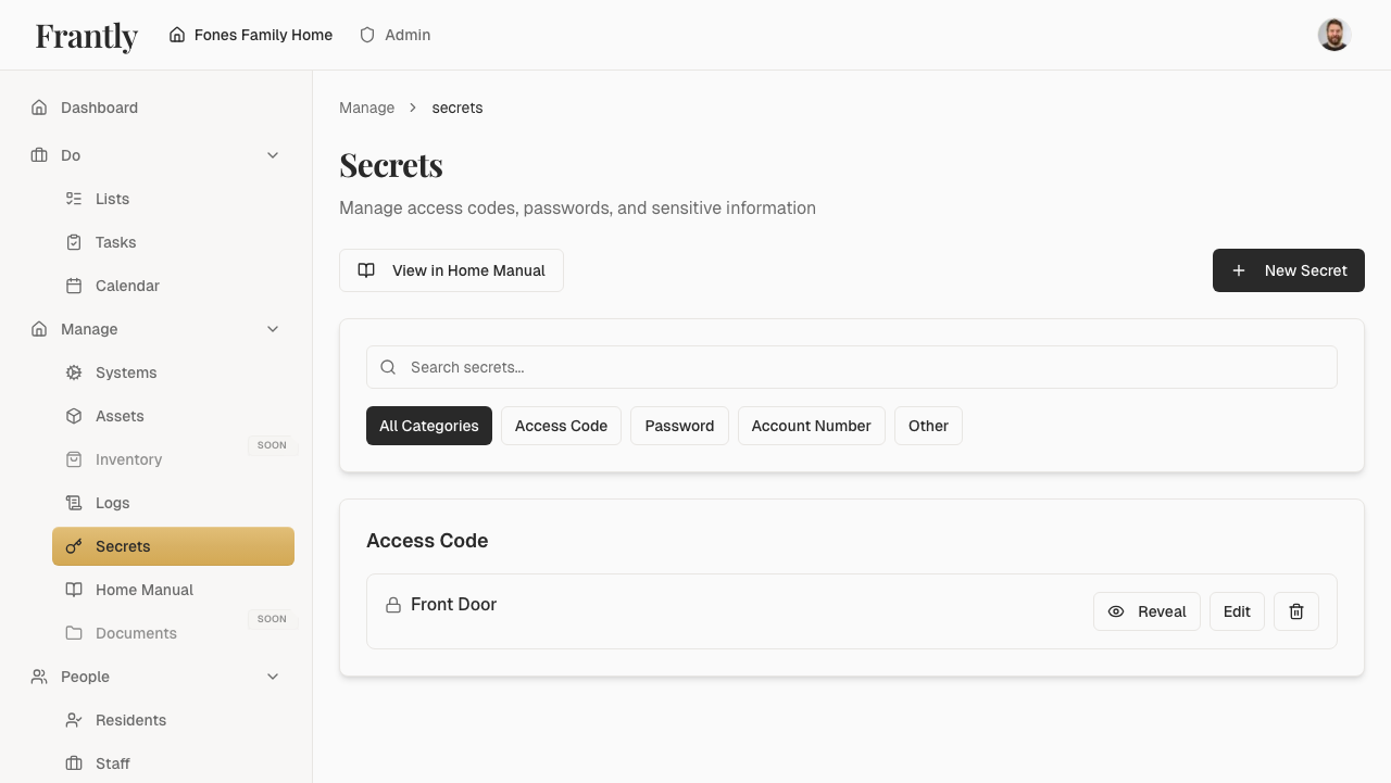 Secrets list page showing encrypted secrets with categories and tags