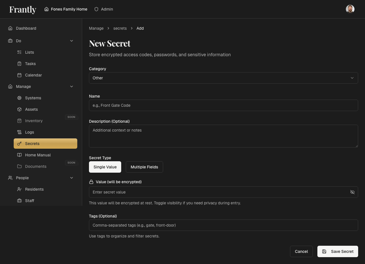 New secret form showing fields for name, category, and value