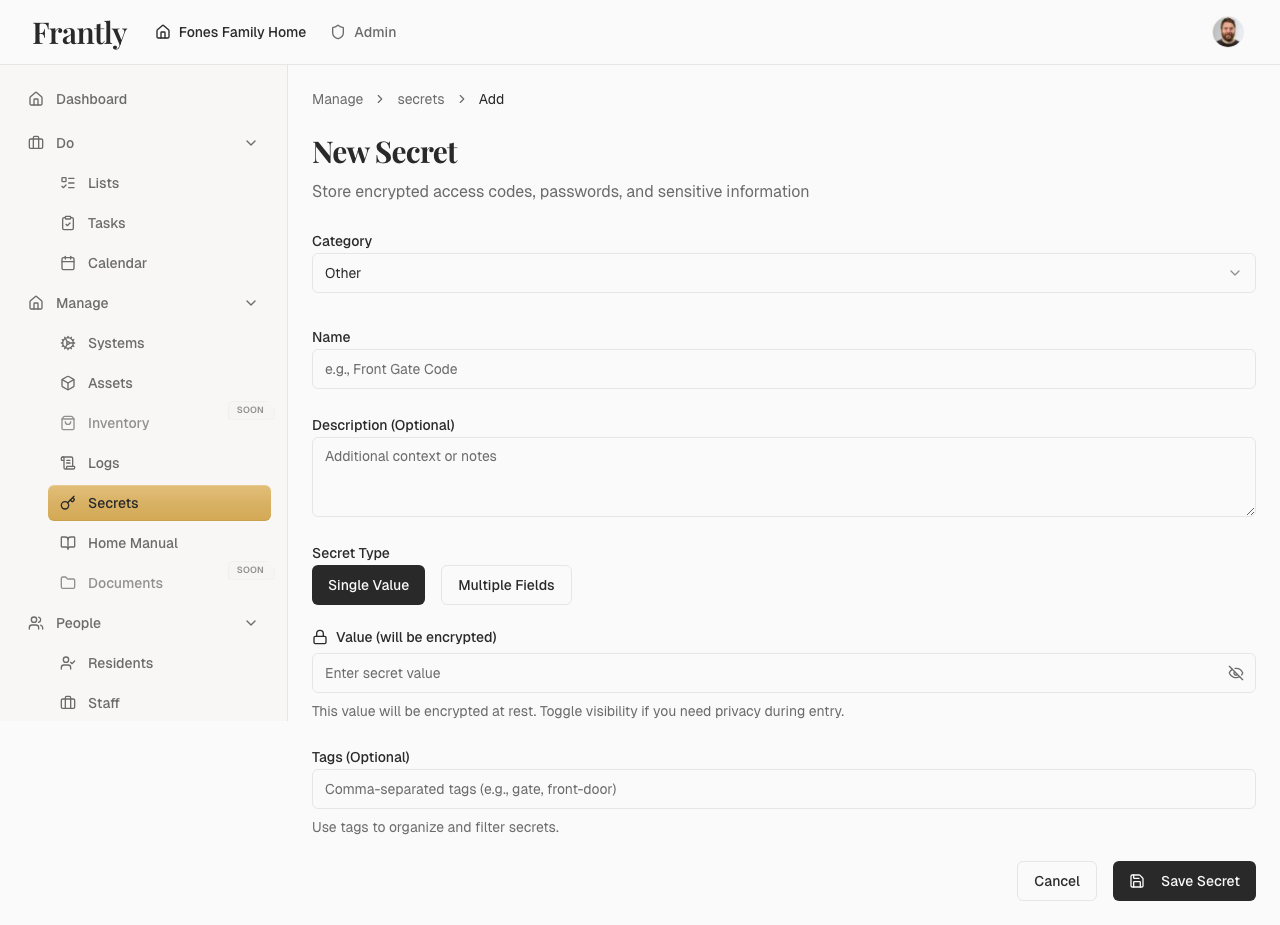 New secret form showing fields for name, category, and value